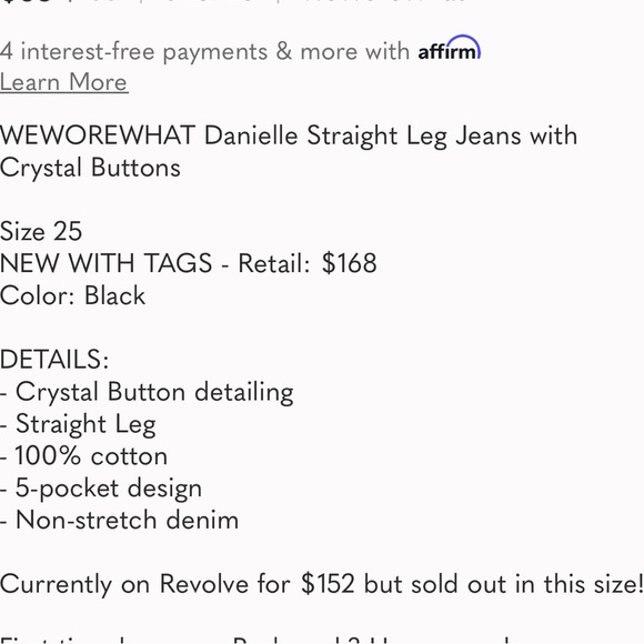 WEWOREWHAT Danielle Jeans Crystal Button Up Straight Leg Black Size 25 NWT NEW - Picture 9 of 9